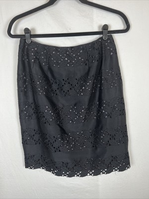 Kay Unger Size 6 Black Silk Straight Skirt Eyelet Knee Length Lavender Lining