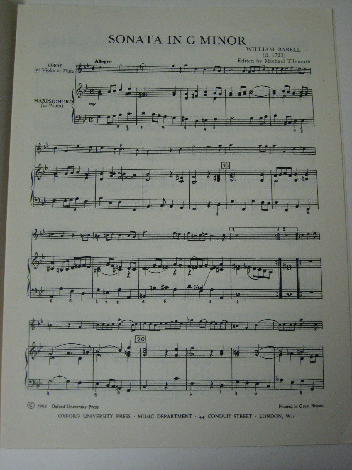 William Babell Sonata in G Minor Oboe or violin flute & Harpsichord Sheet Music