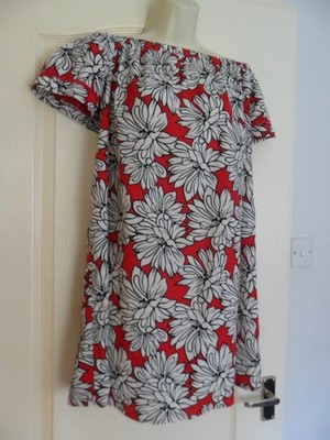 PRIMARK GLAM RED & WHITE FLORAL BARDOT SHORT SLEEVED SMOCK TOP SIZE 16  L@@K!