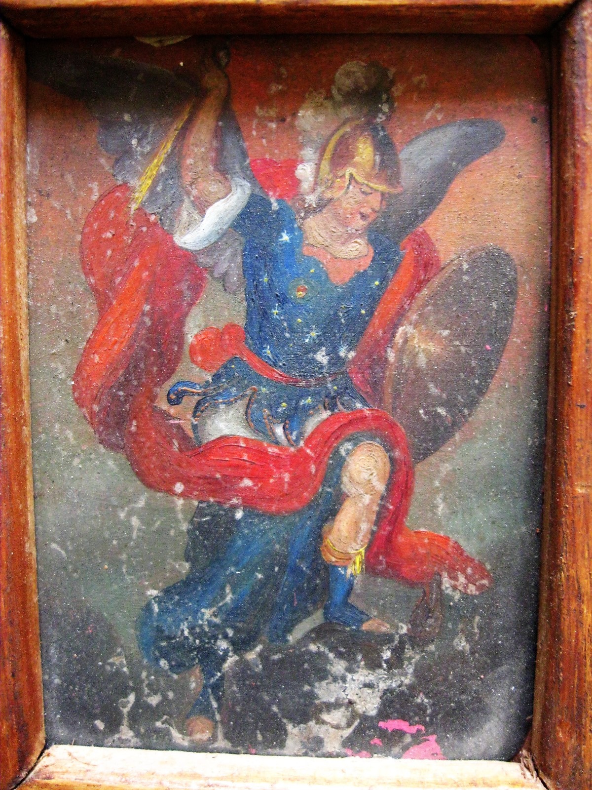 ORIGINAL ANTIQUE RETABLO ON TIN WITH THE IMAGE OF ARCHANGEL MICHAEL GREAT FRAME