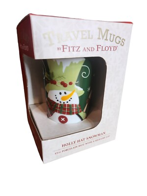 Fitz & Floyd Christmas Travel Mug Snowman Holly Hat Snowman 12oz Porcelain NEW