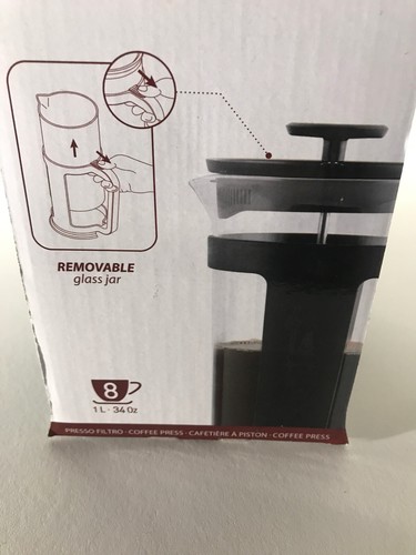 BIALETTI Coffee FRENCH PRESS Black+Glass 1 L /34fl. oz. 8 Cups #06641 Brand NEW!