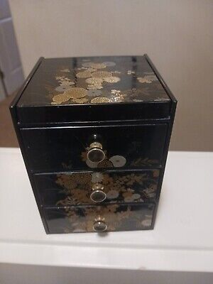Takahashi 80s Plastic Jewelry Box with 3 Drawers - Black with Golden Wildflowers
