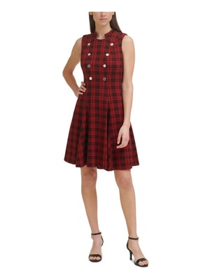TOMMY HILFIGER Womens Red Double Breasted Buttons Plaid Sleeveless Dress 16