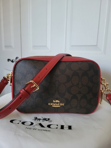 COACH 68168 Shoulder Bag Jes Crossbody Bag Signature Brown/ Red Double Zipper