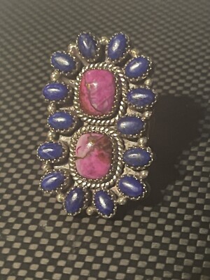 Blue Lapis And Pink Spiny Sterling Silver Adjustable Ring 