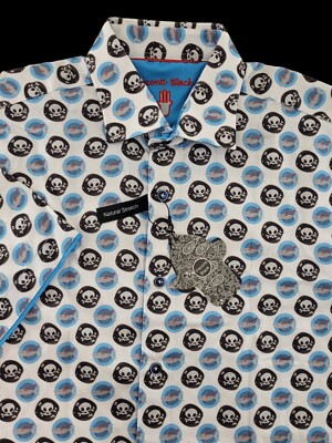 Visconti BLACK Short Sleeve Sport Shirt, Medium Skulls Sharks