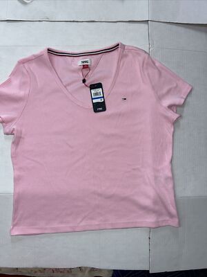 NEW Tommy Hilfiger Women's Pink Pullover Embroidered Logo V-Neck T-Shirt   XL