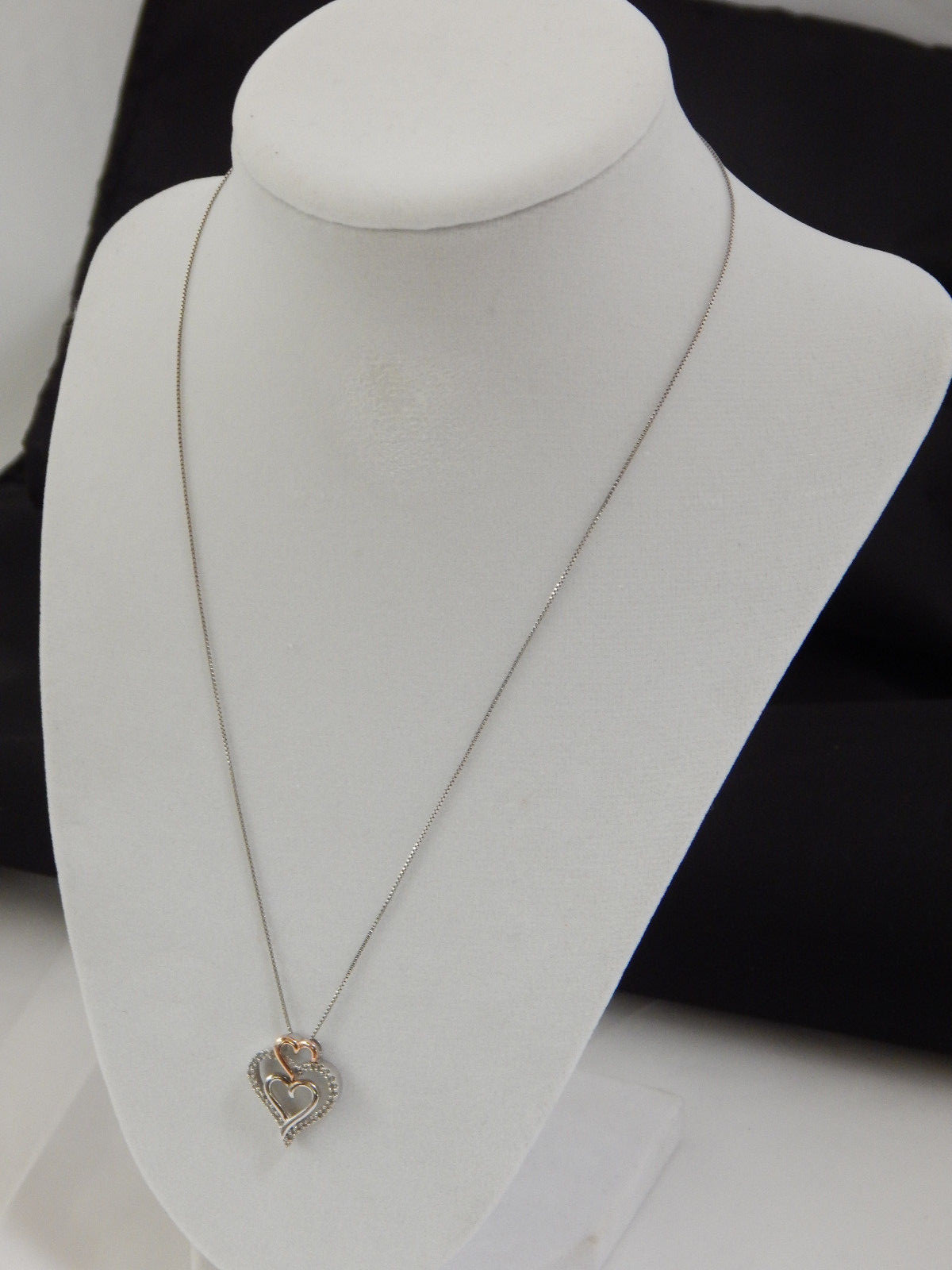 14K Rose Gold & .925 & .34ctw Diamonds Triple Heart Pendant Chain - Retail $333