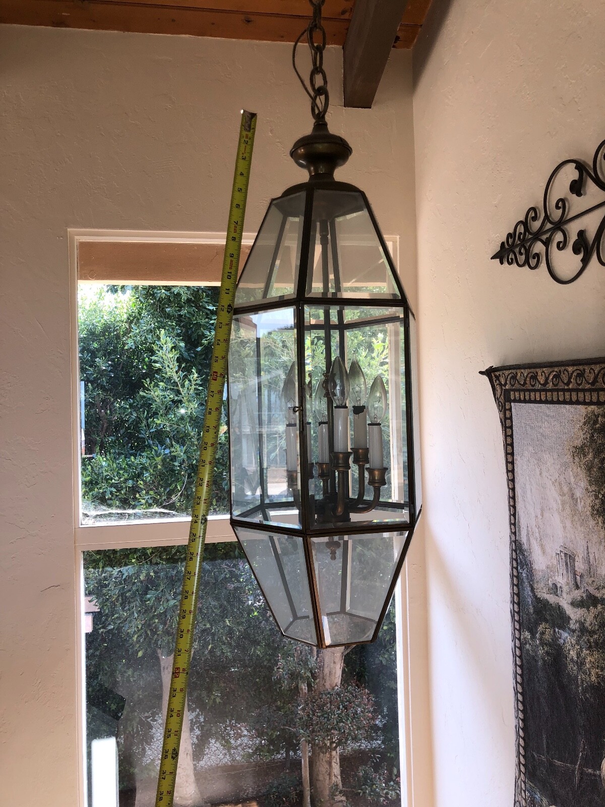 VINTAGE LARGE BRASS BEVELED GLASS FOYER CHANDELIER LIGHT HANGING LAMP MCM