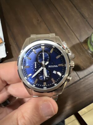 Bulova Mens Luxury Chronograph Blue Dial Stainless Steel Watch Model # 98A259