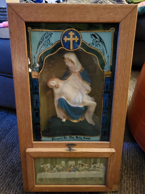 Antique Catholic Sick Call Last Rites Viaticum Box Shadow Box Mary Jesus Pieta