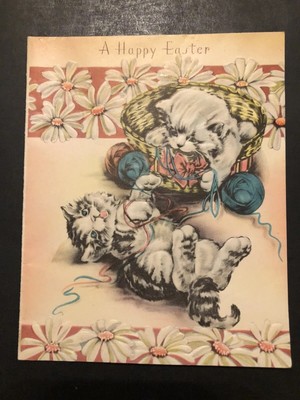 Vintage Easter Card Cute Kitten Cats Playing With Basket Of Yarn A Happy Easter