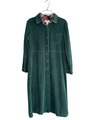 Talbots Green Corduroy Shirt Dress Maxi Size 10 P Modest Cottagecore Plaid Trim