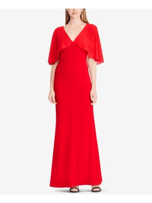 

Женское красное вечернее платье-кимоно RALPH LAUREN с оборками и рукавами и V-образным вырезом, Красный