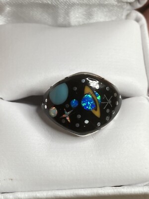 Galaxy Ring Starry Sky  Sterling Silver  Black Onyx Multi Gem Inlay Size 7 Signd