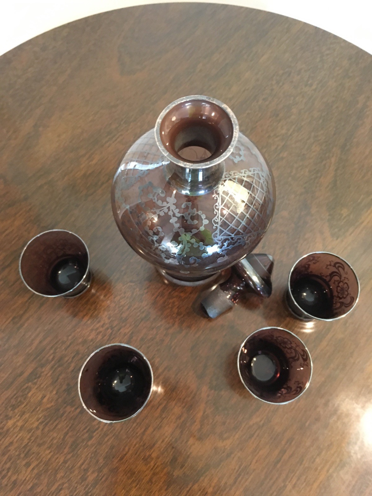 Silver Overlay purple Glass Decanter 4 Glasses Venice Winged Lion