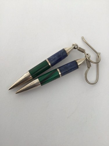 Vintage Taxco Heavy Sterling Silver Sodalite Malachite Spike Earrings 17.6Gr Euc