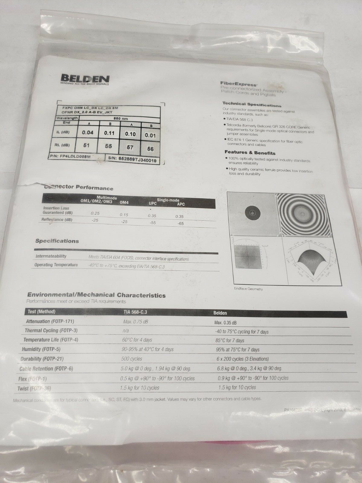 Belden FP4LDLD008M Fiber Optic Cable Assembly 8 Meters/26.25 Feet 2 Fiber