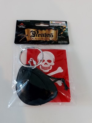 3 PC Pirate Dress-up Set (Ages 4+) Black Skull Wrap, Eye Patch, Silver Earring