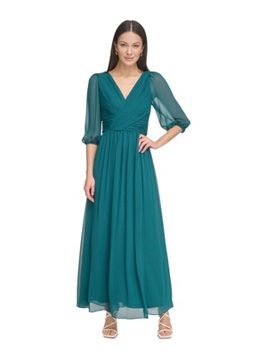 Женское зеленое платье DKNY с V-образным вырезом на талии и рукавами-баллонами Макси-покроя + расклешенное платье-клеш 12