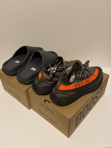 Pre-owned Adidas Originals Adidas Yeezy Boost 350 Carbon Beluga Size 13 & Yeezy Slide Slate Grey Size 13 M In Gray