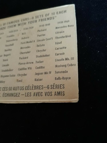 1969 Car Card Checklist jello box. FC 63