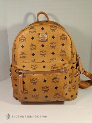 MCM Backpack Mini Cognac Leather Side Studded Gold