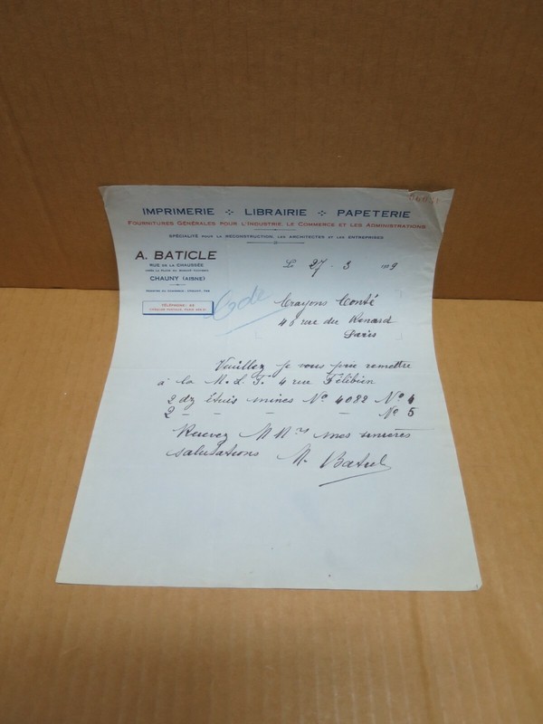Chauny (Aisne) Facture Imprimerie Librairie Papeterie Baticle 1929