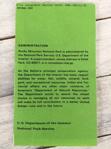Vintage 1969 Rocky Mountain National Park Colorado Pocket Map 11 1/8” X 16”