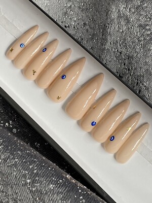   CUSTOM Gel Press On Nails, Evil eye W/ GOLD FLAKES, 10p Set W/ Full kit