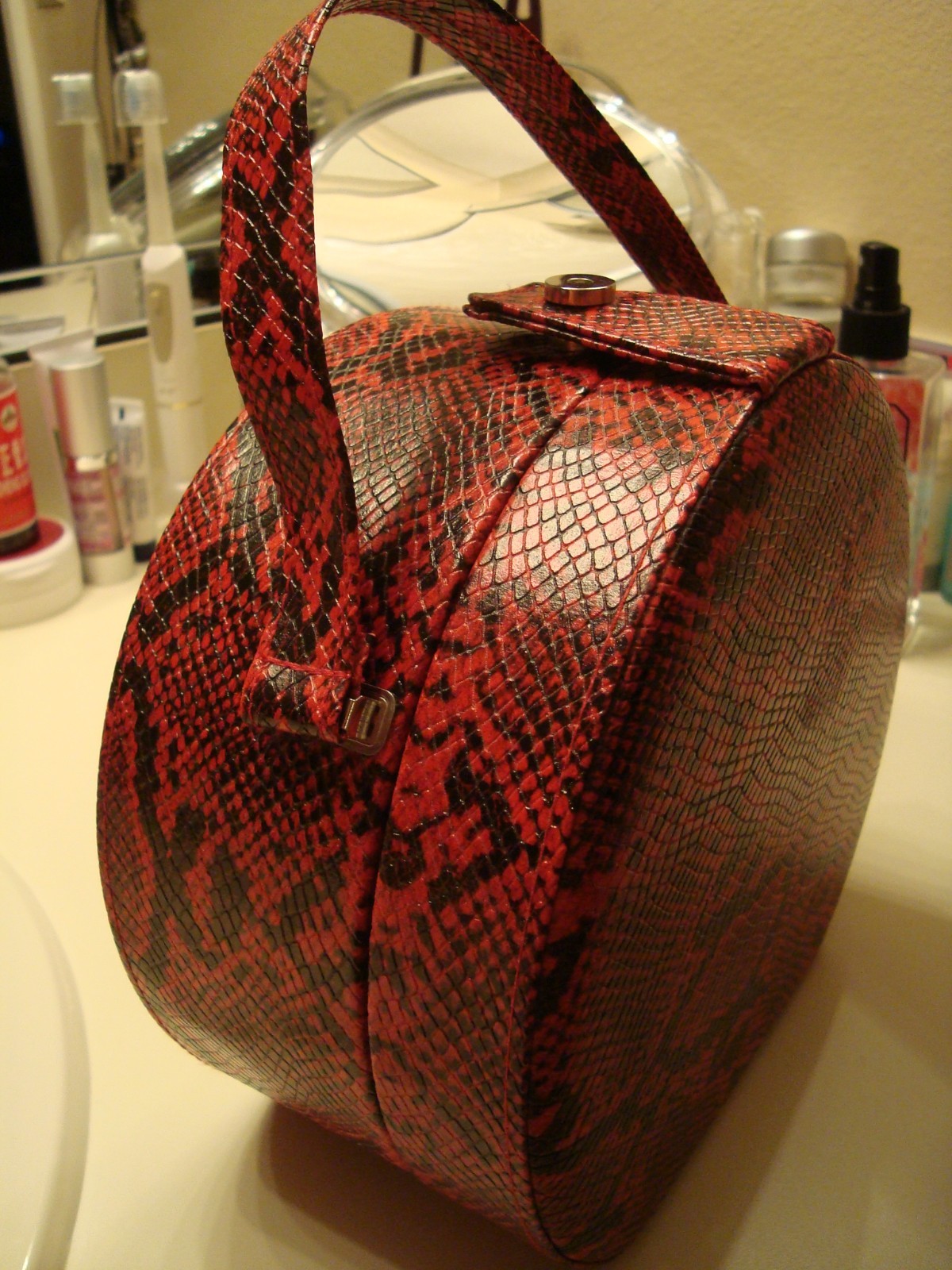 Round Makeup Case with handle Red Faux Snake