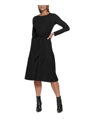 

DKNY Женское вечернее платье миди черного цвета с длинными рукавами и вырезом лодочкой + расклешенное платье, Черный