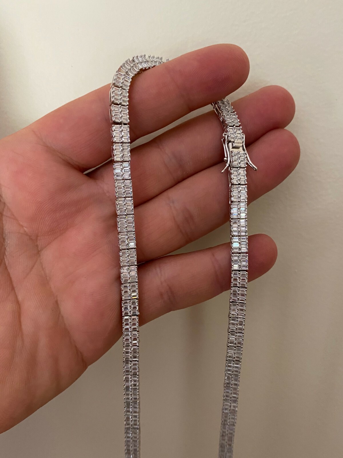 Pre-owned Silver Solid 925 Sterling  Baguette Tennis Chain Iced Cz Necklace 5mm Hip Hop