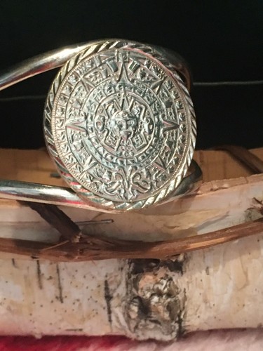 Vintage Silver Over Copper Aztec Tribal Cuff Bracelet 5.5” Fits 7” Wrist Mexico