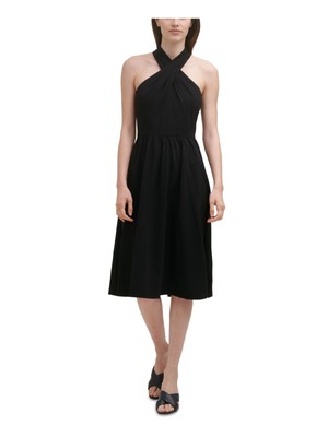 

CALVIN KLEIN Женское черное платье без рукавов длиной до колен с закрученным спереди + расклешенное платье, Черный