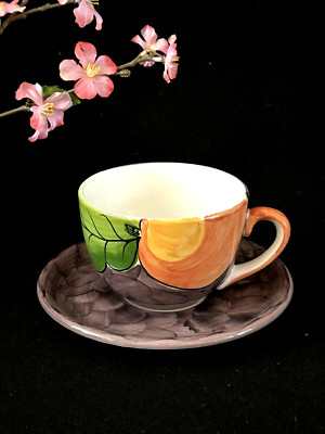 BIG Alcobaca Coffee Cup Soup Cup with Saucer Portuguese hand painted ~5''Diameter