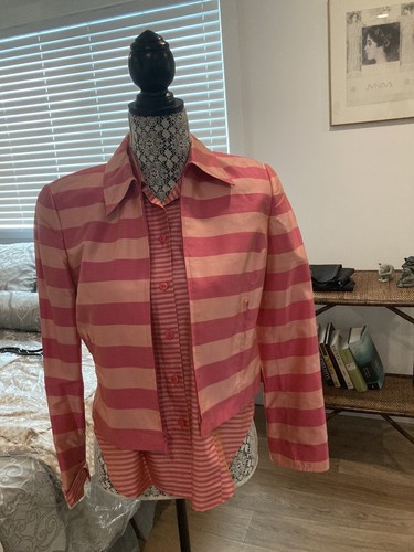VintageCarlisle 100% Silk Jacket + Top Pink Stripe Sz 4 Zip
