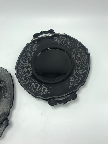 7” Black Handled Plates Set of 2 Sterling Silver Embossed Round Glass Vintage