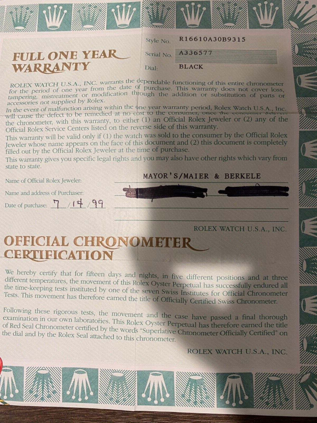 ROLEX 16610 保証書 100% original Rolex reference 16610 A Warranty Paper from 1999