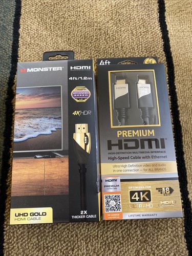 2 (Monster + GE) HDMI Cable High Speed 4K HDR Premium 4ft, Free Shipping