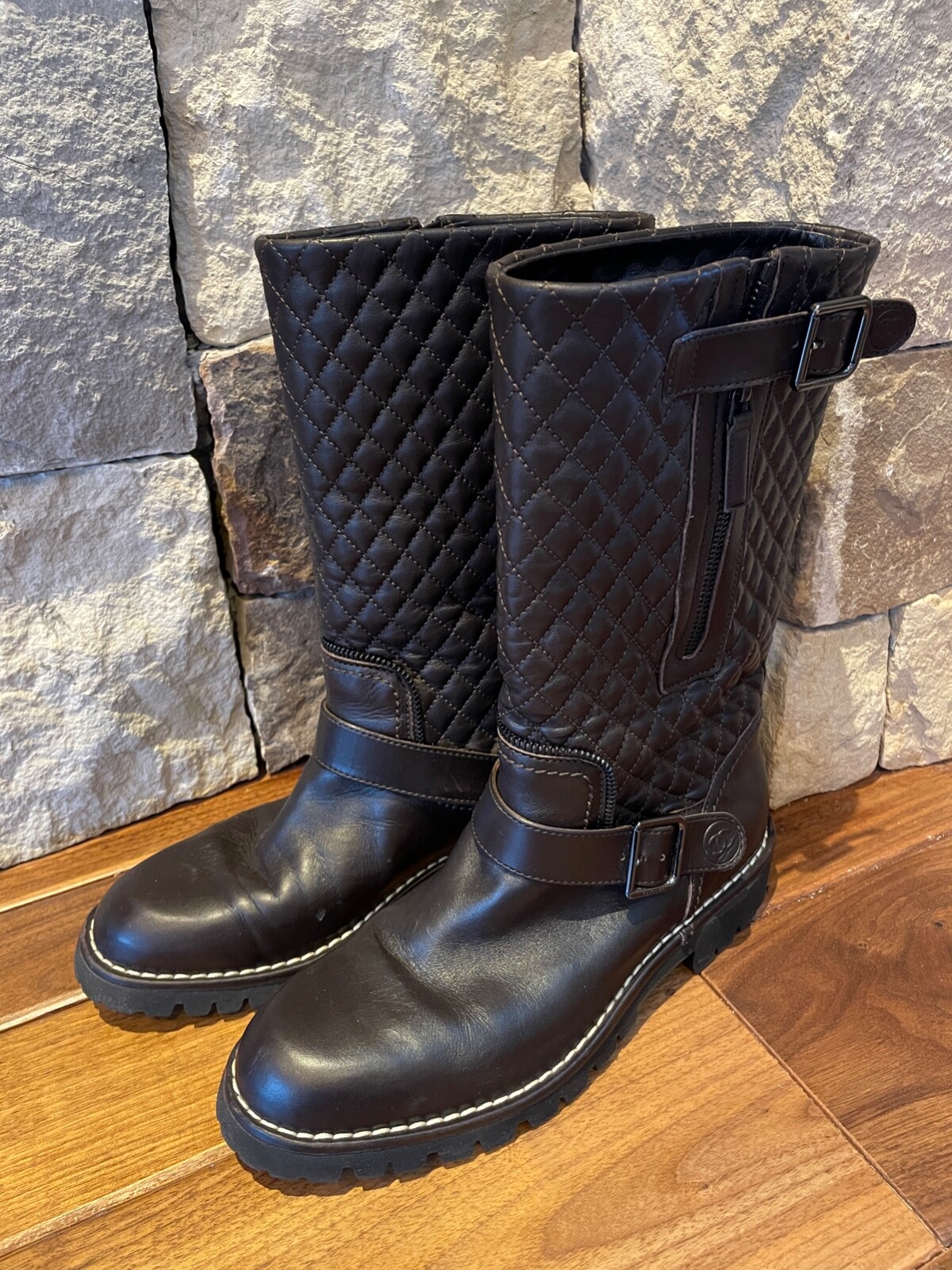 Authentic CHANEL Brown Double Buckle Quilted Moto Boots Authentic CHANEL Brown Double Buckle Quilted Moto Boots