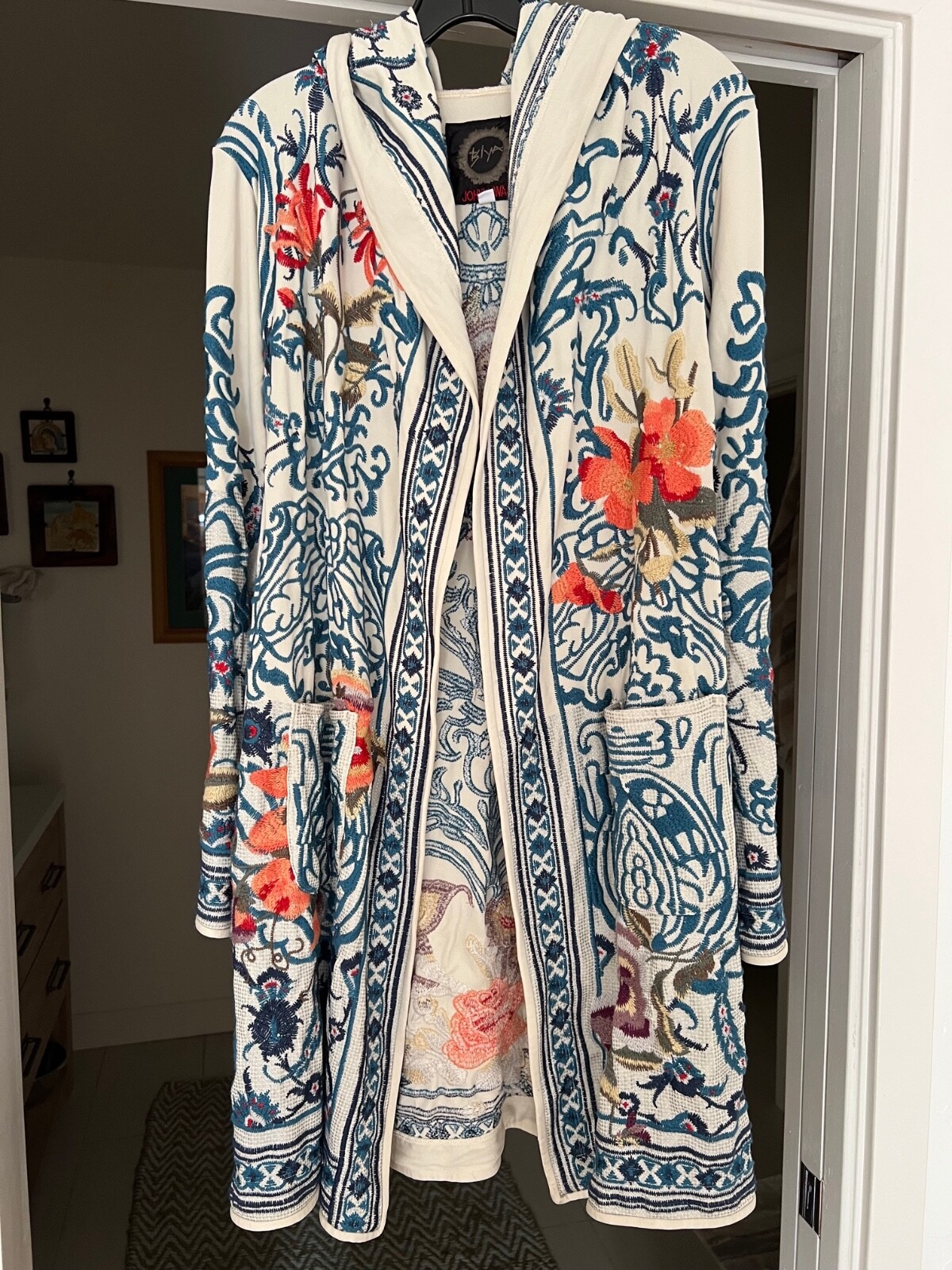 Johnny Was Hooded Duster Embroidered Open Cardigan Size XS