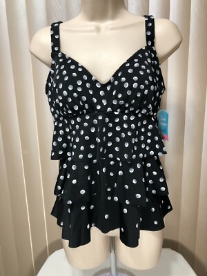 Swim Solutions Tankini 10 Wireless Tiered Swim Top Fits up to D Cup Black White