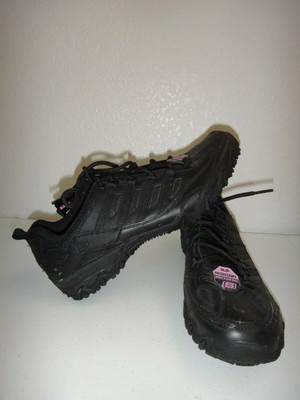 SKECHERS WORK Women's Flat Lace-Up Sneakers Slip-Resistant Black Leather Sz 9.5