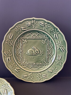(2) Sur La Table Green Rabbit Plates Collectible