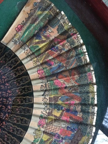 Antique Filigree Carved Chinese export Hand Painted Asian Hand Fan In Frame Art