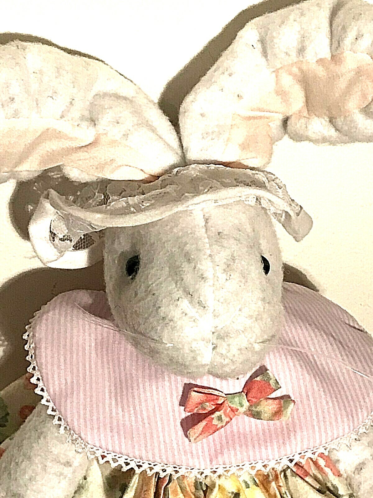 Bunny Rabbit Pink Cream Floral Dress Weighted Feet Lace Hat Jointed