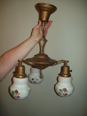 Antique Brass Pan 3 Light Painted Shade Art Deco Ceiling Fixture Chandelier