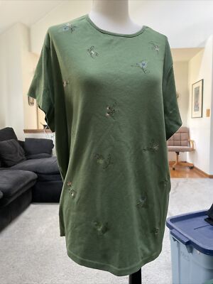 Classic Elements Green Embroidered Floral Short Sleeve Shirt Size 1 X Free Ship